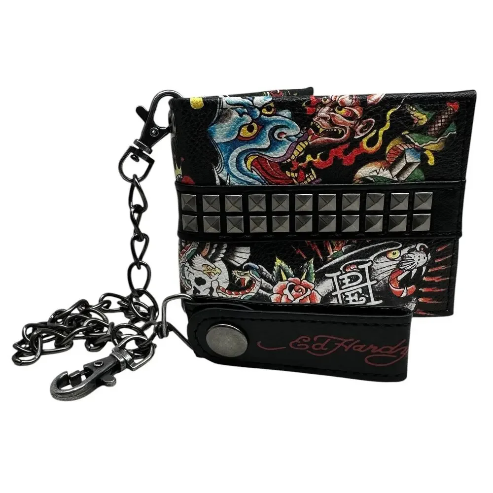 Ed Hardy Men's Pyramid Stud Biker Bifold Black Wallet With Removable Chain